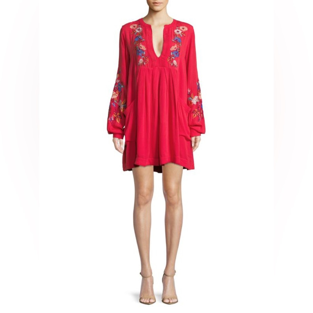 Free People Mia Floral Embroidered Gauze Mini Dress XS Coral